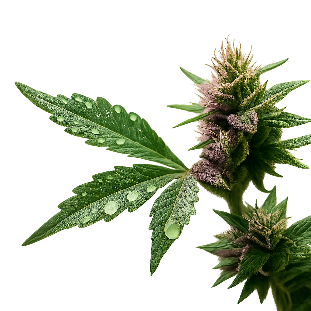 Fresh cannabis plant with water droplets showcasing premium quality